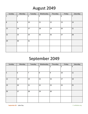 August and September 2049 Calendar Vertical