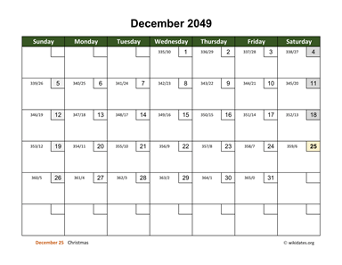 December 2049 Calendar with Day Numbers