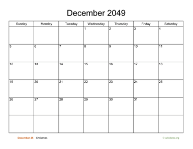 Basic Calendar for December 2049