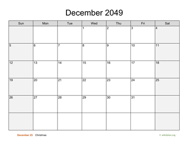 December 2049 Calendar with Weekend Shaded