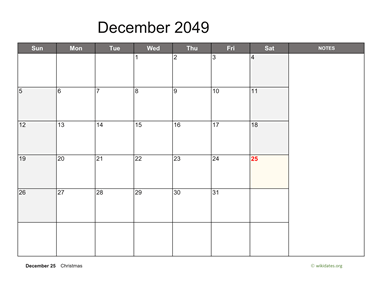 December 2049 Calendar with Notes