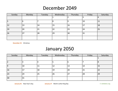 December 2049 and January 2050 Calendar Horizontal