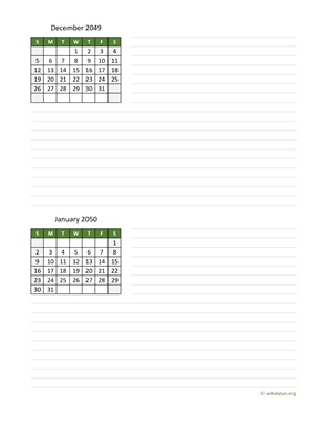 December 2049 and January 2050 Calendar with Notes