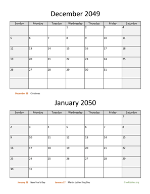 December 2049 and January 2050 Calendar Vertical
