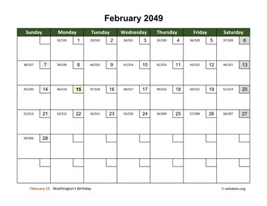 February 2049 Calendar with Day Numbers