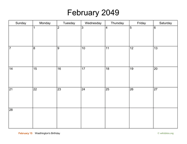 Basic Calendar for February 2049