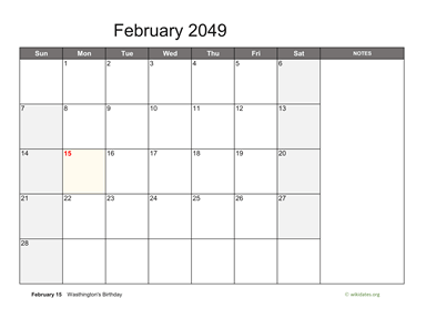 February 2049 Calendar with Notes