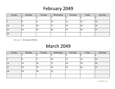 February and March 2049 Calendar Horizontal