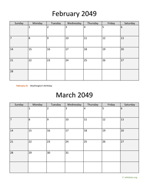 February and March 2049 Calendar Vertical