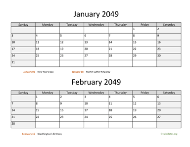 January and February 2049 Calendar Horizontal