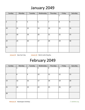 January and February 2049 Calendar Vertical