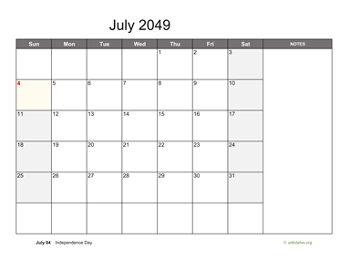 July 2049 Calendar with Notes