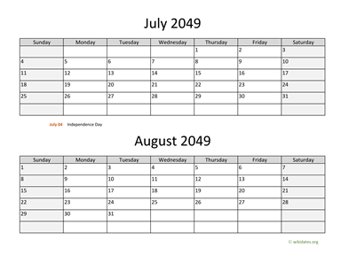 July and August 2049 Calendar Horizontal