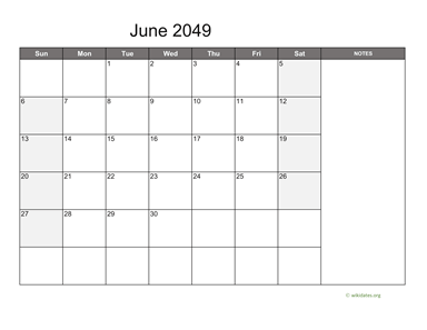 June 2049 Calendar with Notes