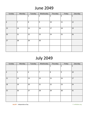 June and July 2049 Calendar Vertical