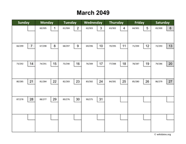 March 2049 Calendar with Day Numbers
