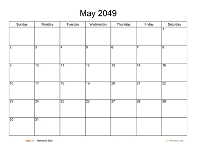 Basic Calendar for May 2049