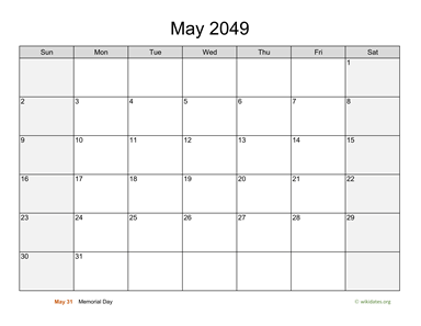 May 2049 Calendar with Weekend Shaded