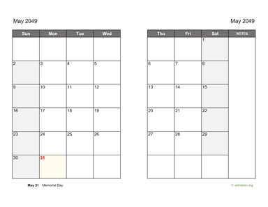 May 2049 Calendar on two pages