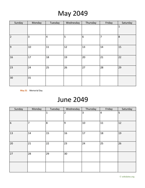 May and June 2049 Calendar Vertical