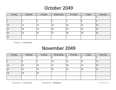 October and November 2049 Calendar Horizontal
