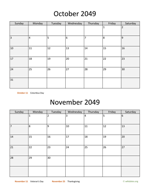 October and November 2049 Calendar Vertical