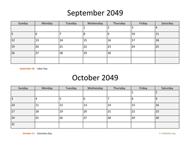 September and October 2049 Calendar Horizontal