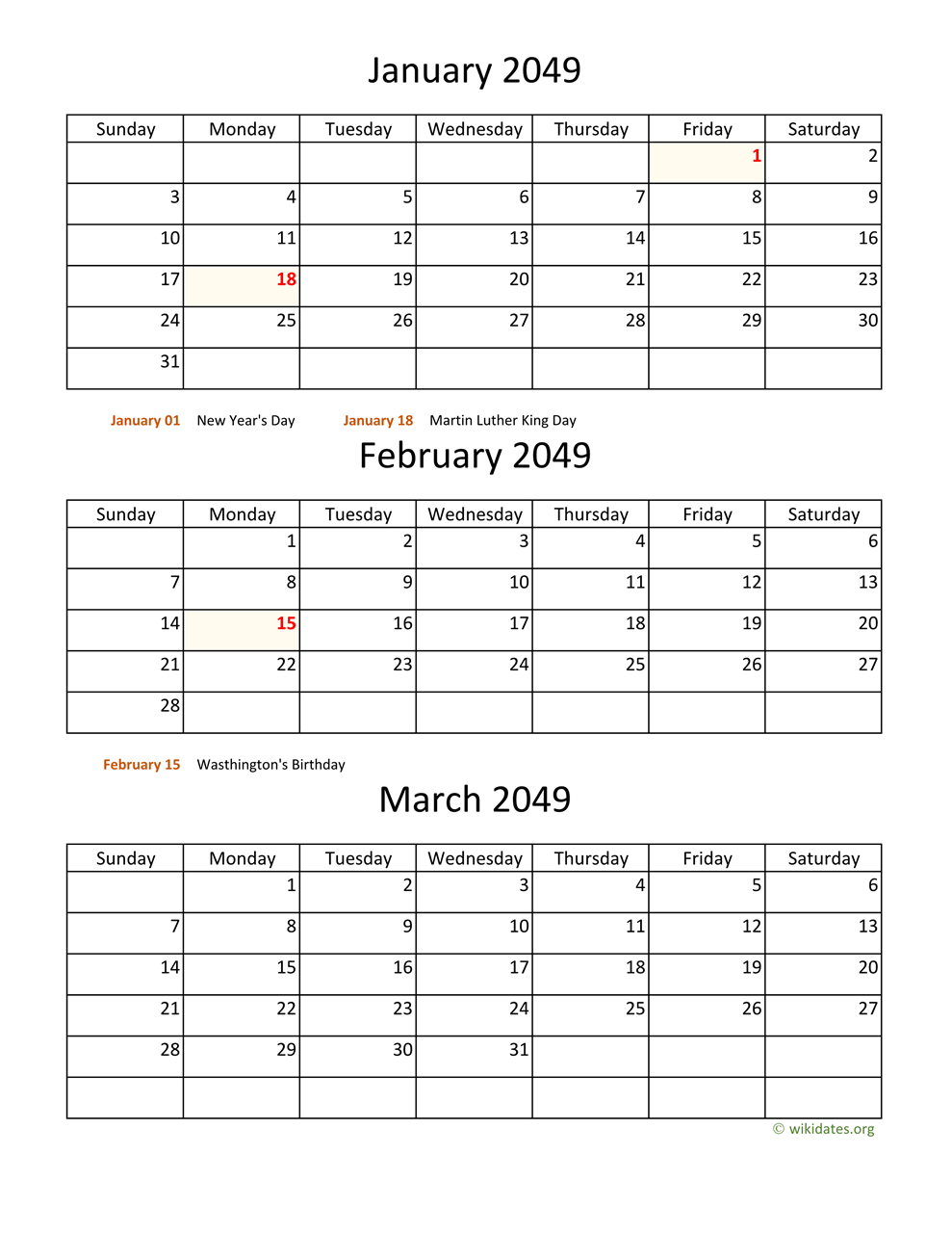 Printable 2049 Calendar | WikiDates.org