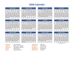 PDF Calendar 2050 with Federal Holidays