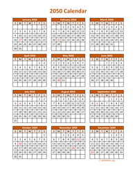 Full Year 2050 Calendar on one page