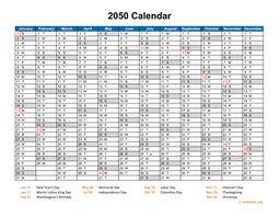 2050 Calendar Horizontal, One Page