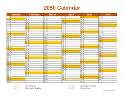 2050 Calendar on 2 Pages, Landscape Orientation