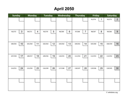 April 2050 Calendar with Day Numbers