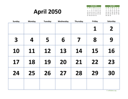 April 2050 Calendar with Extra-large Dates