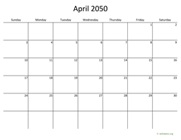 April 2050 Calendar with Bigger boxes