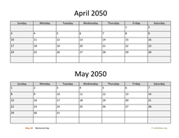 April and May 2050 Calendar