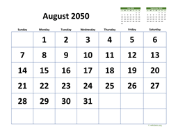 August 2050 Calendar with Extra-large Dates