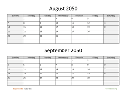August and September 2050 Calendar
