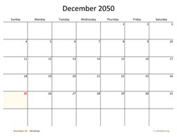 December 2050 Calendar with Bigger boxes