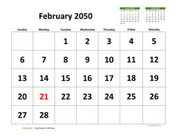 February 2050 Calendar with Extra-large Dates