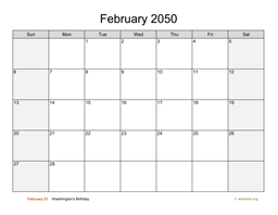 February 2050 Calendar with Weekend Shaded