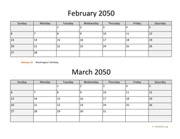 February and March 2050 Calendar