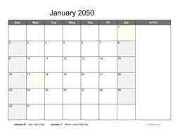 January 2050 Calendar with Notes