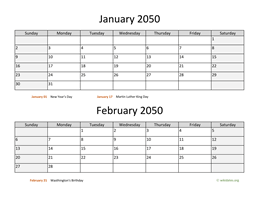 January and February 2050 Calendar
