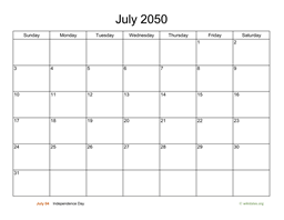 Basic Calendar for July 2050