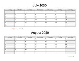 July and August 2050 Calendar