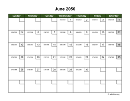 June 2050 Calendar with Day Numbers