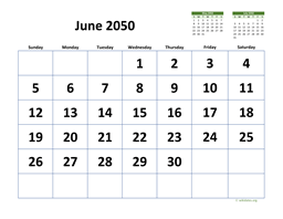 June 2050 Calendar with Extra-large Dates