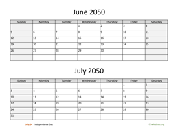 June and July 2050 Calendar