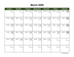 March 2050 Calendar with Day Numbers